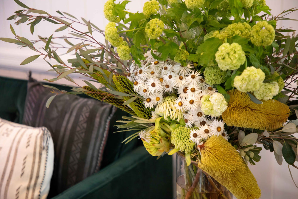 Close up of vase arrangement green foliage yellow banksia green waratah white straw flowers 